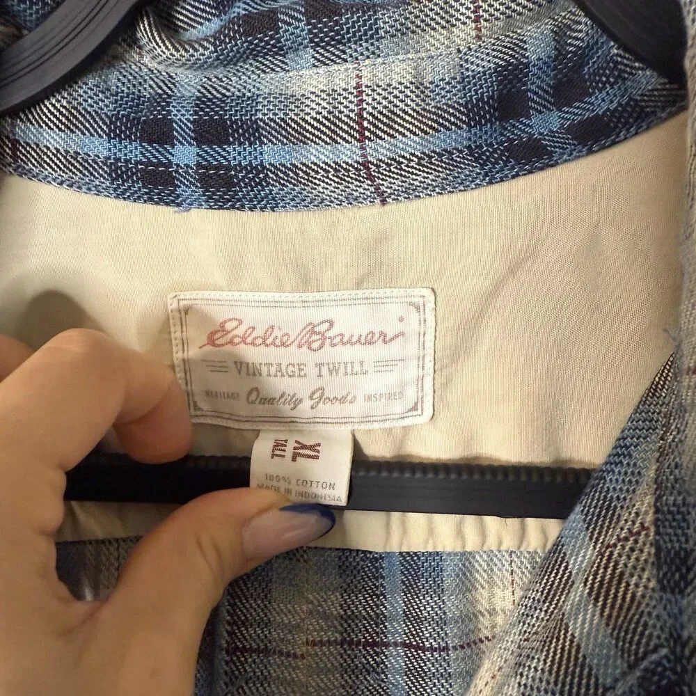 Eddie Bauer Vintage Twill Men Blue Windowpane Cotton Long Sleeve Flannel XL Tall
